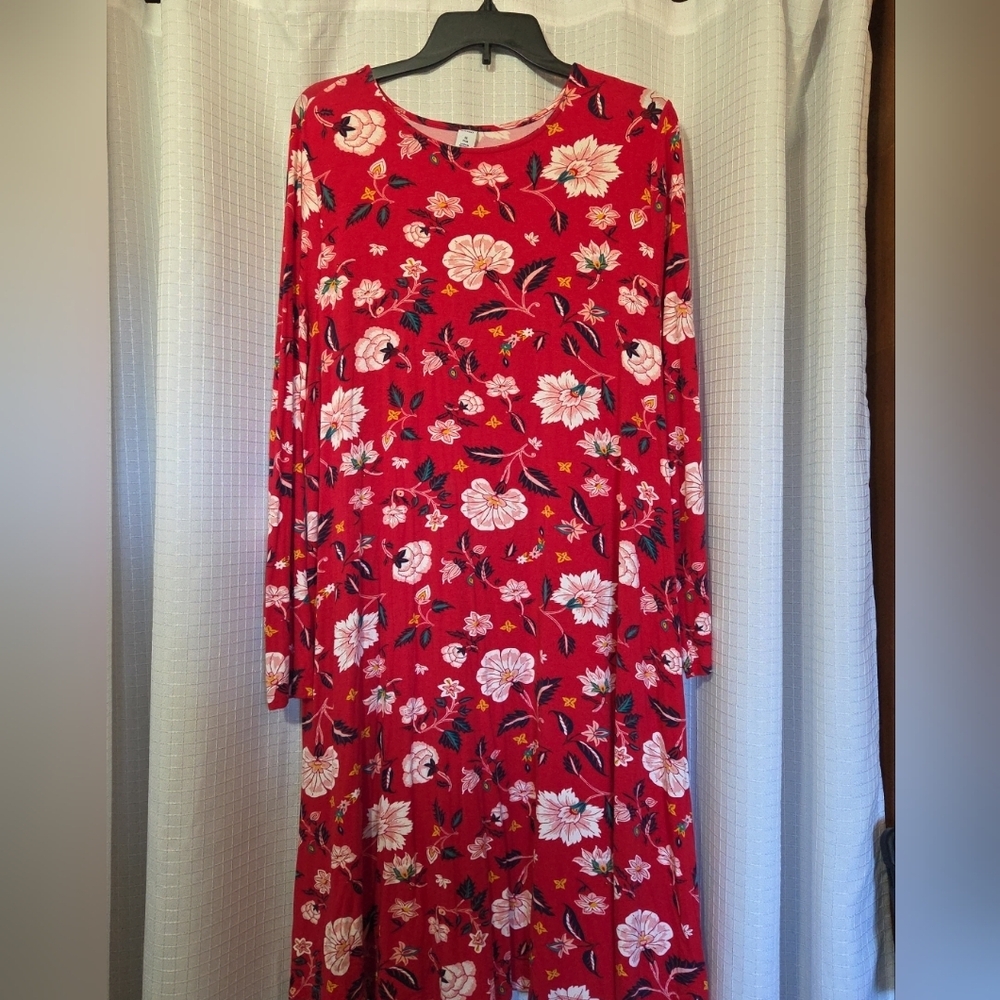 Old Navy Red Floral Long-Sleeve Midi Dress
